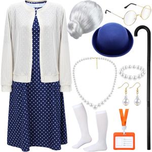 Shinymoon 13 Pcs 100 Days of Old Lady School Costume Set for Women Grandma Granny Cosplay Outfit Set Dress up Accessories