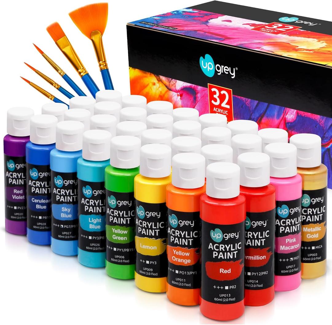 UPGREY 32 Colors Acrylic Paint Set, Non-Toxic Art Paints (2fl Oz/60mL Each) with 5 Craft Paint Brushes for Kids and Adult, Metallic Acrylic Paints for Wood Canvas Crafts Stone Ceramic Model Painting
