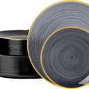 N9R 60PCS Black Plastic Plates with Gold Rim, Elegant Disposable Plates, Circular Ribbed Design, 30 Dinner & 30 Dessert Plate for Parties, Weddings, Halloween, Banquets and Events (Translucent Black)