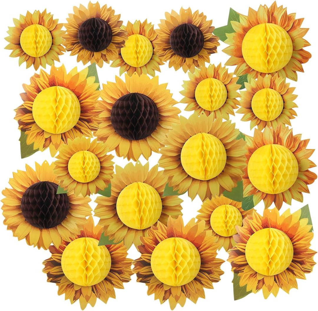 Ovveroche 18 PCS Sunflower Party Decorations Yellow Tissue Flowers Wall Decoration 3D Large Honeycomb Hanging Paper Decorations for Party Birthday Wedding