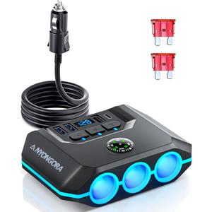 Anyongora 7-in-1 Cigarette Lighter Splitter, 120W Car Charger Adapter with 3 Sockets & Independent Switches, 4 USB Ports (USB-A/USB-C), LED Voltage Display, UL Certified, Built-in Fuse + Spare Fuse