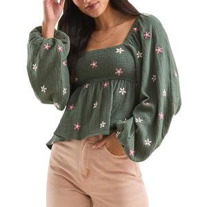 Women Floral Embroidered Blouses Long Lantern Sleeve Smocked Top Y2k Square Neck Babydoll Shirts Vintage Flowy Tops (Large, Dark Green)