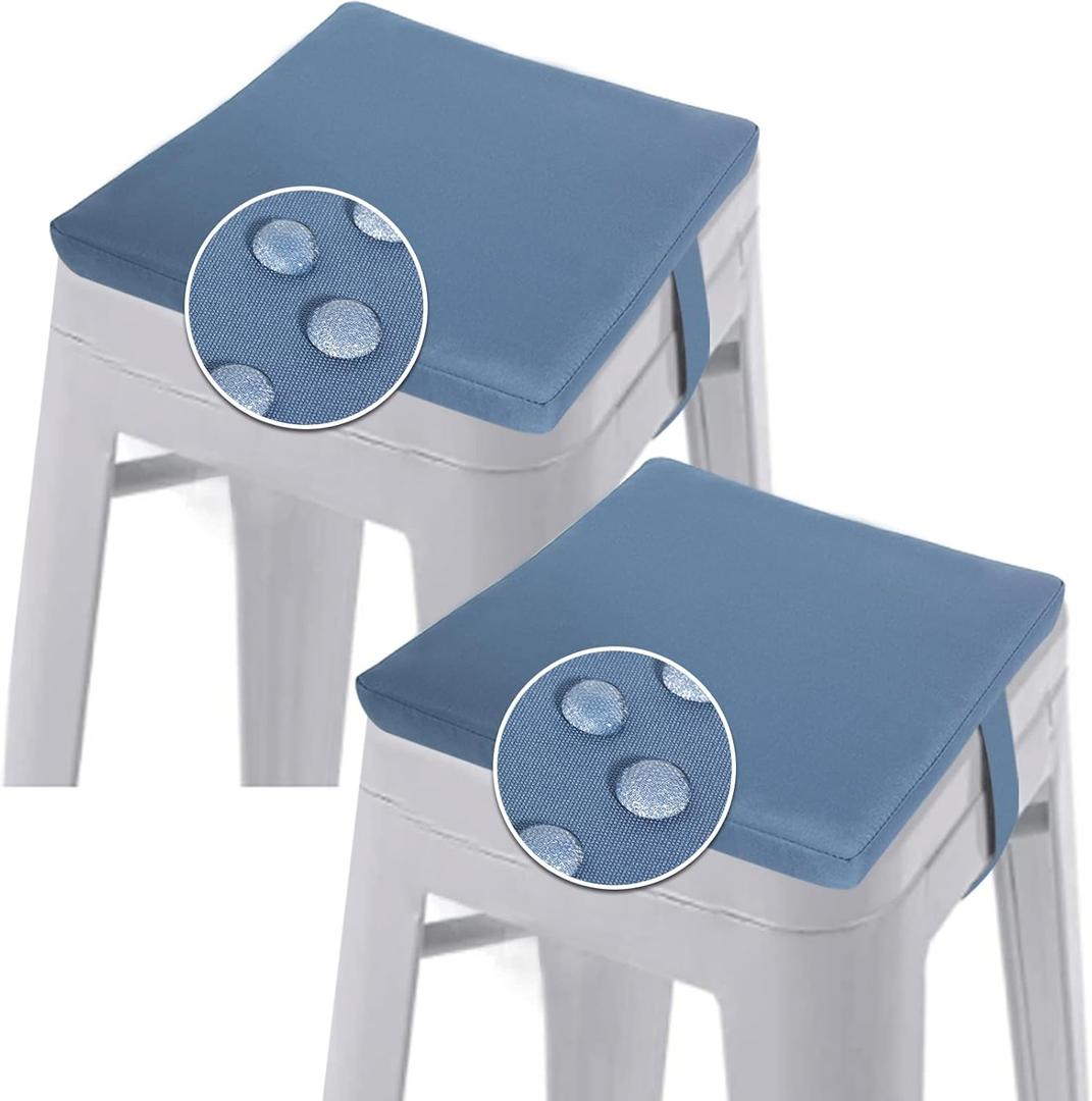 GUEGLSA Outdoor Bar Stool Cushions Square 14 Inch,Non Slip Square Seat Pad with Ties 14x14in,Waterproof Chair Cushions for Bar Stools,Cushion Only,Set of 2,(Blue)