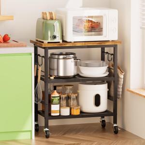 Rolling Cart Kitchen Cart, 3 Tier Microwave Cart Stand, Bathroom Organizers and Storage, Small Coffee Carts with Wheels, Shelf Rack Organizer, Coffee Bar Cart Black for Living Room Office, Brown
