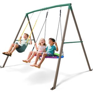 Trekassy 440lbs Swing Sets for Backyard - 2 Seat Outdoor Kids Playset with Saucer & Belt Swing, Heavy-Duty A-Frame Metal Stand for Backyard Playground - Green and Brown (Patented)