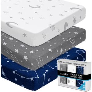 GROW WILD Pack n Play, Mini Crib Sheets 3-Pack | Soft Jersey Sheet Set for Boys or Girls | Playard Mattress, Pack and Play Sheets Fitted | Portable Bassinet Sheet - Stars & Moon Nursery Bedding GROW WILD Pack n Play, Mini Crib Sheets 3-Pack | Soft Jersey Sheet Set for Boys or Girls | Playard Mattress, Pack and Play Sheets Fitted | Portable Bassinet Sheet - Stars & Moon Nursery Bedding