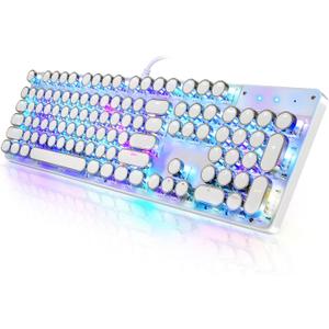 YSCP Typewriter Style Mechanical Gaming Keyboard RGB Backlit Wired with Blue Switch Retro Round Keycap 104 Keys Keyboard (White 104 Keys RGB)