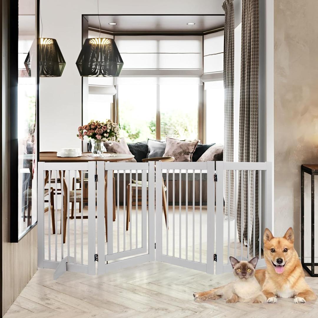Wooden Freestanding Pet Gate, Pet Gate for Dogs, 29.5inch 4-Panel Wooden Dog Fence with 2 Support, Feet Folding Dog Gate for Indoor, Doorway, Stairs, Kitchen, 81.5L30H (White) (Large)