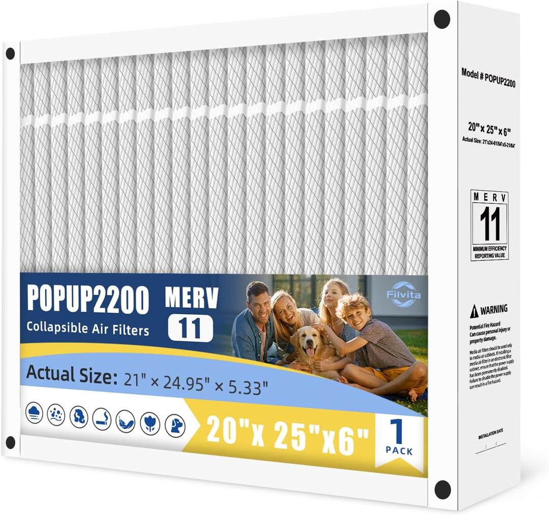 20x25x6 MERV 11 Air Filter Compatible with Honeywell POPUP2200, Lennox PMAC20,GeneralAire AC-1 Air Cleaning,Pleated Design Actual Size 21"x24 61/64"x5 21/64" (1-PACKS)