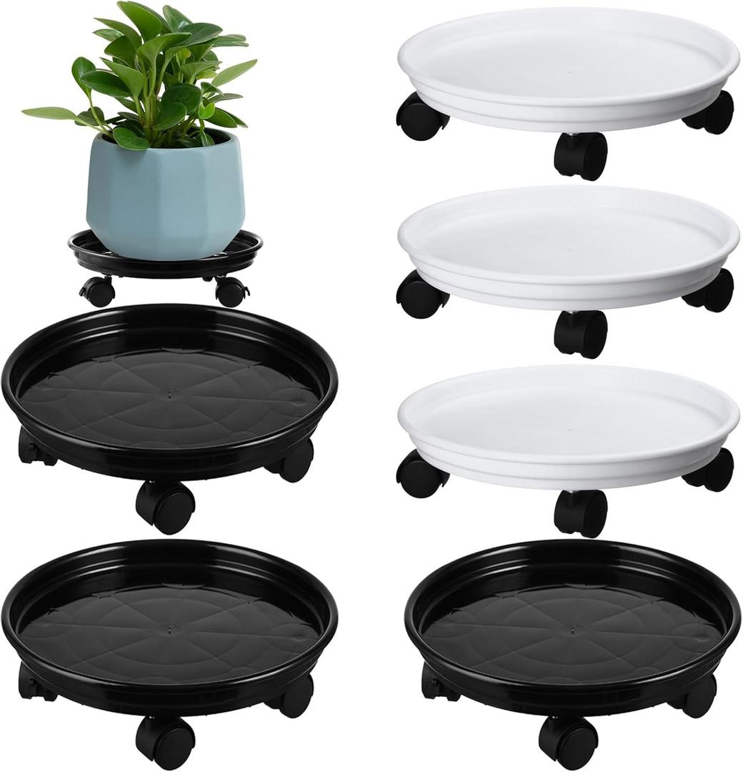 6 Packs Plant Caddy with Wheels 12" Plastic Rolling Plant Stands Heavy-duty Plant Dolly with Casters Indoor and Outdoor Plant Roller Base Large Heavy Plant Pot Saucers with Wheels Plant Movers (Black/White)