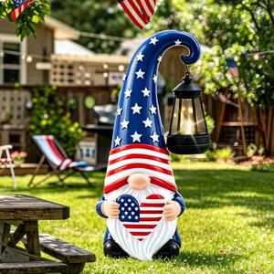 Patriotic Gnome Statue with Solar Lights 4th of July Large Garden Sculptures Red White and Blue Gnome Outdoor Patio Lawn Yard Garden Decor Gifts 4th of July Gnome 250th Anniversary Decoration