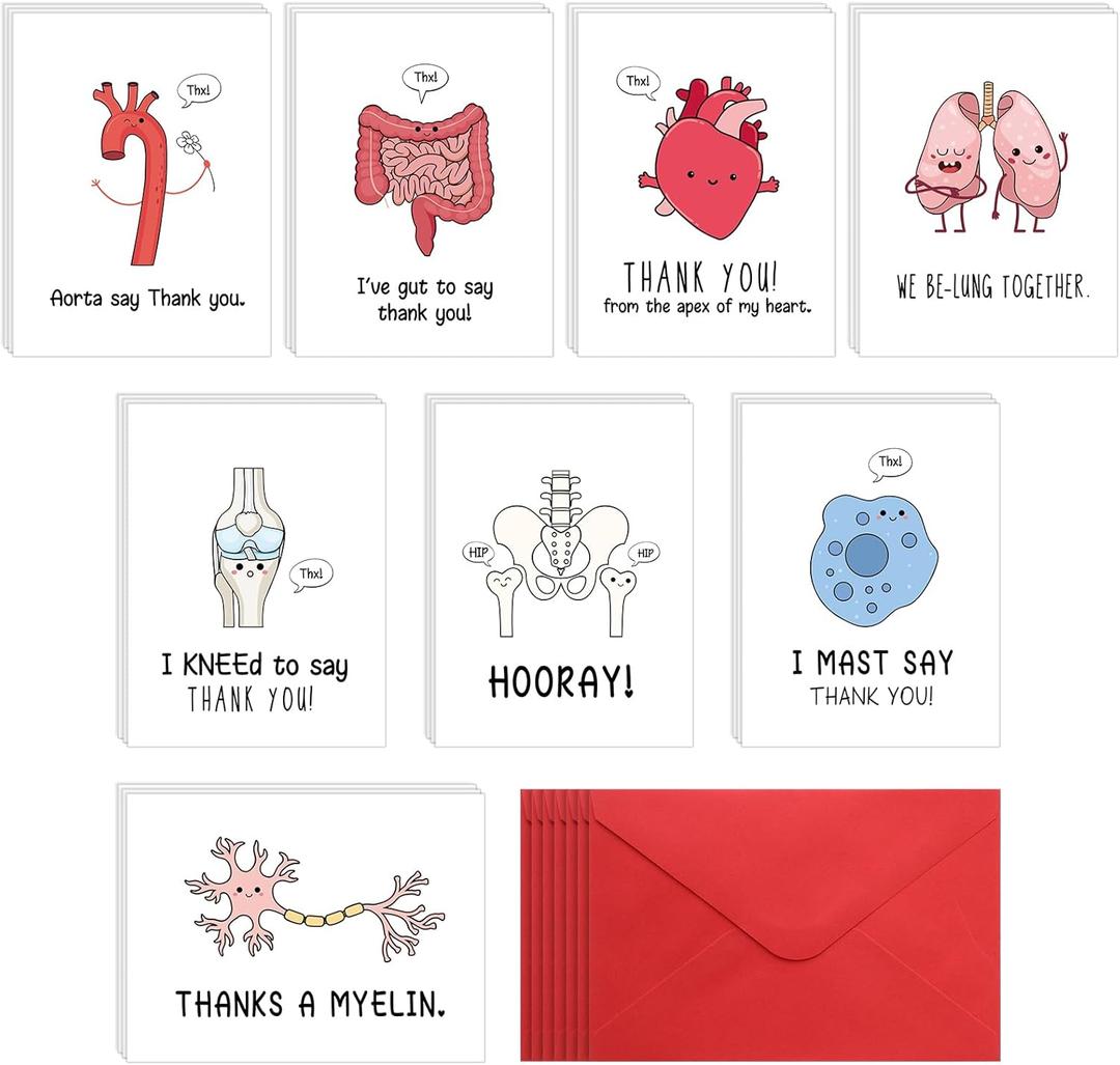 24 Sets Funny Nurse Thank You Cards Nurse Pun Appreciation Cards with Envelopes for Hospital Doctors Healthcare Workers Essential Party Favor(Human Organs)