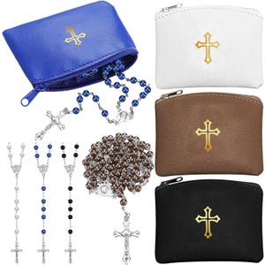 Pack of 8 Rosary Pouch with Catholic Rosary Beads Y-Necklace Set for Women PU Leather Holder with Zipper and Gold Cross Imprint Case Portable Religious Bag for Travel (Classic Colors)