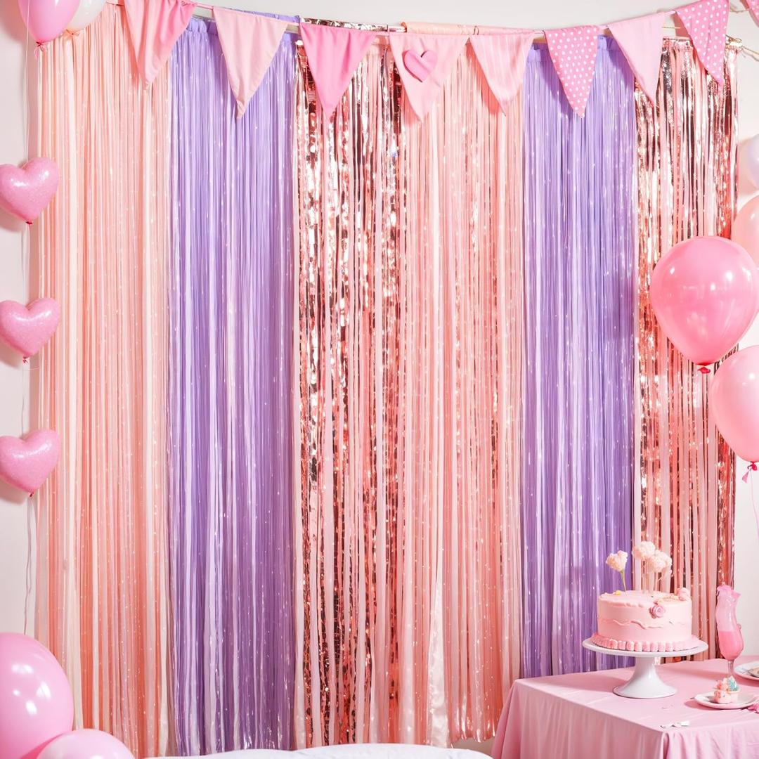 2 x 2 Pack Rose Gold Purple Backdrop Curtains 3.28 x 6.56 ft Foil Fringe Tinsel Streamers Singer Birthday Party Decorations Magical Music Themed Party Supplies for Women Bridal Bachelorette