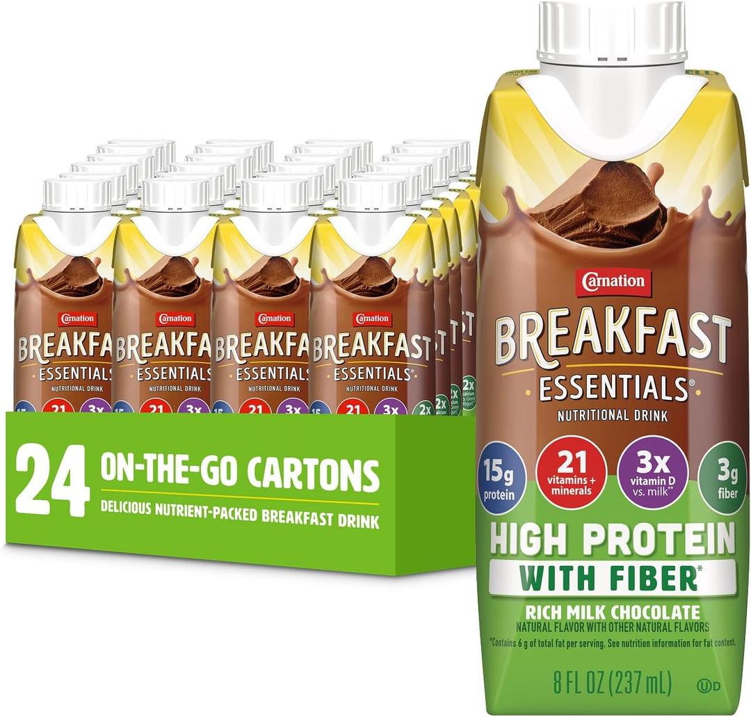 Carnation Breakfast Essentials High Protein with Fiber Ready-to-Drink, 8 FL OZ Carton, Rich Milk Chocolate (Pack of 24) BB: 6 Mar 2027