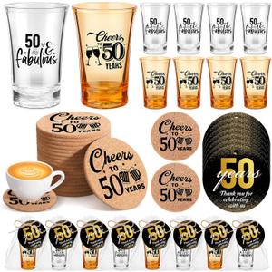 Domensi 30 Set 50 Years Birthday Party Favors for Guests 2 Styles Acrylic Shot Glasses Cheers to Birthday Coaster Souvenir Thank You Tags with Organza Bags Twine for Anniversary Wedding Shower