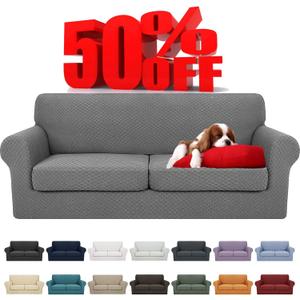 YEMYHOM Latest Checkered 3 Pieces Couch Covers for 2 Cushion Couch High Stretch Sofa Cover with 2 Extra Large Seat Cushion Covers Anti Slip Elastic Slipcovers (Light Gray), 71"-91"(2 Cushions)