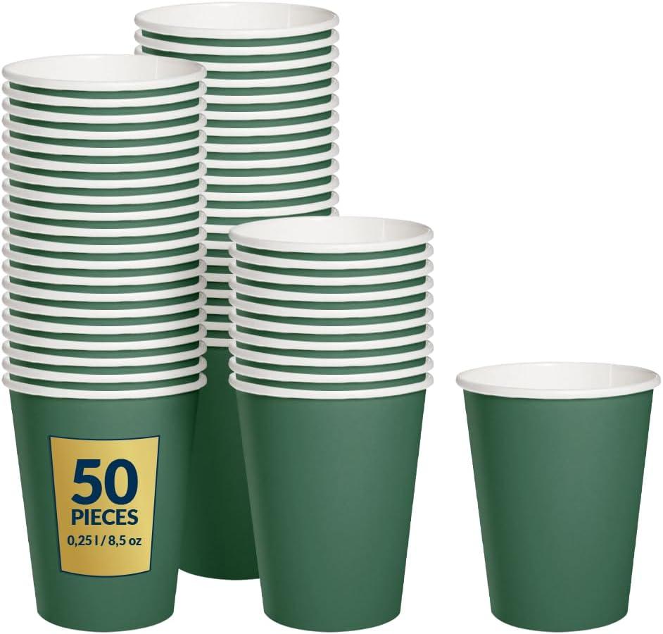 PAW - Disposable Paper Cups (8,5 oz, 50-Pack), Hot & Cold Paper Coffee Cups, Dark Green Drinking Cups for Party, BBQ, Christmas, New Year's Eve, Picnic