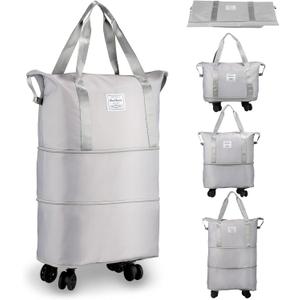 VOOWO Rolling Duffle Bag, Expandable Foldable Carry On Luggage with Wheels, Large Weekend Bag (Grey)