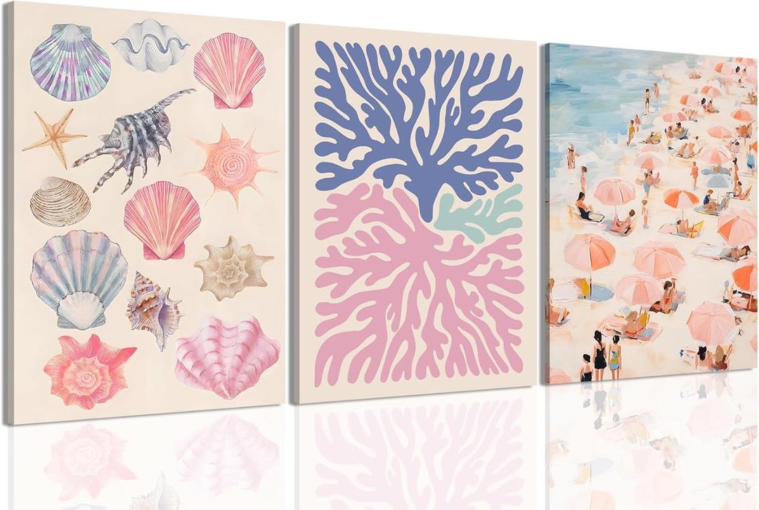 Preppy Beach Wall Art Set of 3, Teen Beach Room Decor Coastal Girl Beachy Canvas Poster Prints, Abstract Beach Painting Wall Decor Aesthetic for Bedroom Living Room Framed 12x16 Inch (Pink)