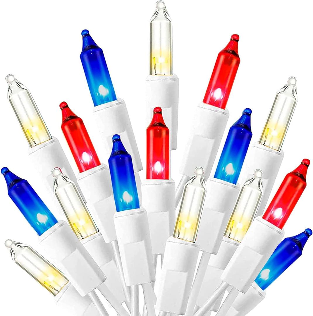 White and Blue 4th of July Lights, Incandescent Patriotic Mini String Lights, Waterproof Independence Day Decorations for Outdoor Indoor Christmas Party Decor