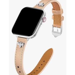 JR.DM Slim Leather Bands Compatible with Apple Watch Band 38mm 40mm 41mm 42mm 44mm 45mm 46mm 49mm, Genuine Leather Band with Charms, Feminine Design for Iwatch Ultra SE Series 11 10 9 8 7 6 5 4 3 2 1 (A Brown & Gold with Bee)