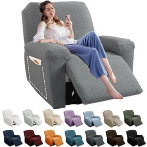 YEMYHOM 4 Pieces Oversized Stretch Recliner Slipcover Latest Jacquard Large Recliner Chair Cover with Side Pocket Anti-Slip Furniture Protector with Elastic Bottom (X-Large Recliner, Light Gray)