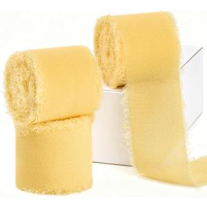 Cream Yellow Chiffon Ribbon 1.5" x 21 Yd Handmade Fringe Silk Chiffon Fabric Ribbon for Gift Wrapping Wedding Invitation Bridal Flower Bouquet DIY Crafts Home Decor