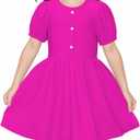 LQSZ Girls Summer Dress Puff Sleeve High Waist A Line Solid Color Dress for Party School Easter Outfit 3-12Y (7-8 Years, Rose Red-1)