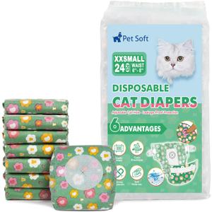 Pet Soft Disposable Cat Diapers - Diaper for Female & Male Cats, Puppy Doggie Diapers for Female Dogs with Adjustable Foam Tail Hole, XX-Small (24Pcs, Green)