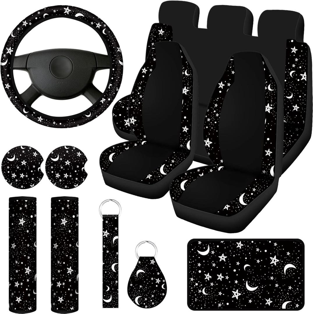 Yexiya 15 Pcs Moon and Star Car Seat Covers Print Car Accessories Full Set for Women Men Set Steering Wheel Cover Armrest Pad Seat Belt Pads Wrist Keychain Auto Interior Decor(Moon, Star)