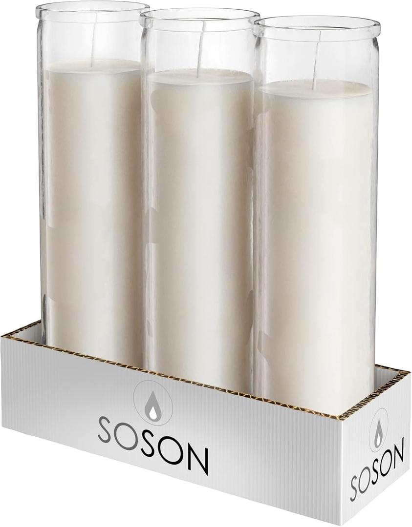 Simply Soson 2x8 inch 7 Day White Pillar Candles in Glass Set of 3, Up to 90 Hour Burn time, Unscented Prayer, Religious Candles for Memorials, Vigil, and Emergency