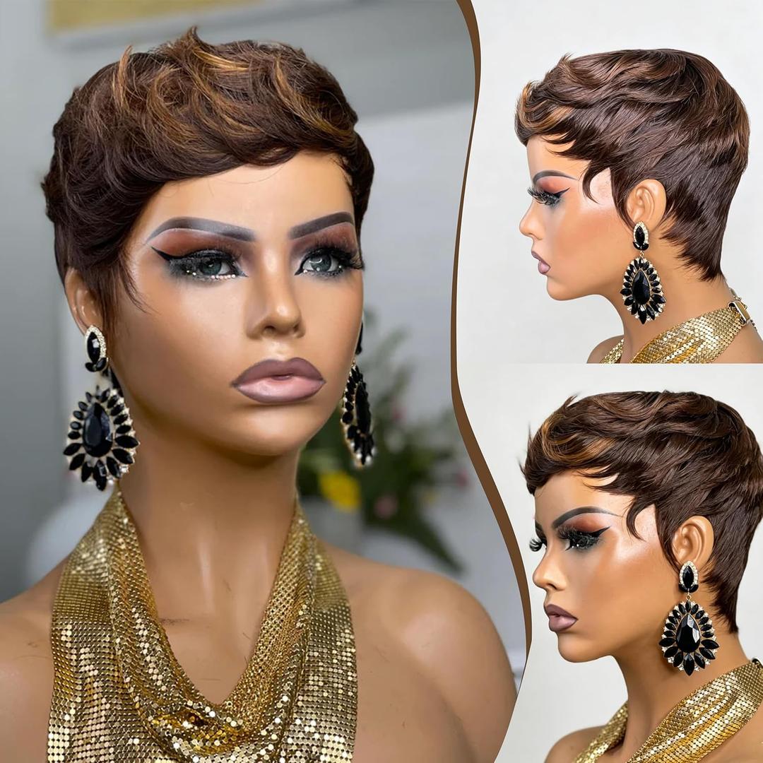 Pixie Cut Human Hair Wig for Women Short Wig for Women Chocolate 4/33 Color Short Layered Pixie Wig With Bangs Glueless Full Machine Made Brazilian Virgin Human Hair Wig (4/33)