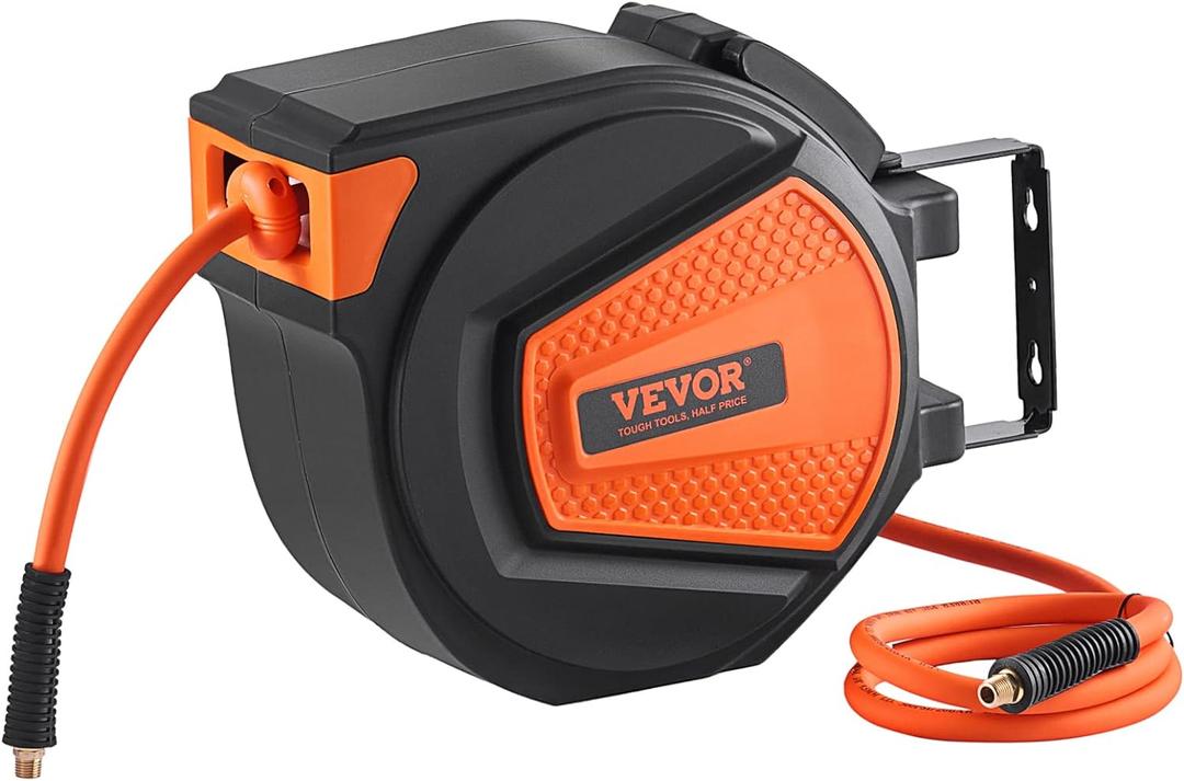 VEVOR Retractable Air Hose Reel, 3/8IN x 50FT Hybrid Air Hose Max 300PSI, Air Compressor Hose Reel with 5 ft Lead in, Ceiling/Wall Mount Enclosed Air Reel, 180 Swivel Mount