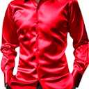 AOTORR Men's Luxury Shiny Silk Like Satin Button Up Dress Shirts Slim Fit Long Sleeve Nightclub Party Disco Prom Shirts XL