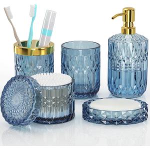 Blue Bathroom Accessories Set, 5 Pcs Clear Glass Bathroom Accessories with Lotion Soap Dispenser, Soap Dish, Toothbrush Holder, Bathroom Tumbler, Cotton Swab Jars, Perfect for Bathroom Theme Gift