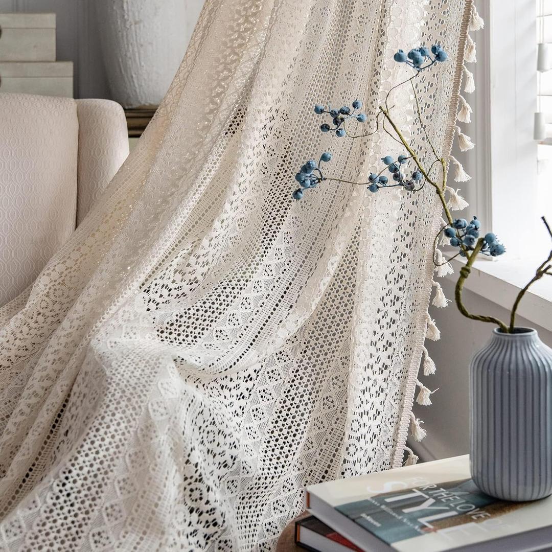 JOOJA Crochet Boho Lace Sheer Curtains Macrame Farmhouse 63 Inches Length Long Beige Vintage Bohemian Bedroom Curtains 2 Panels Set for Living Room (59Wx63L, Beige)