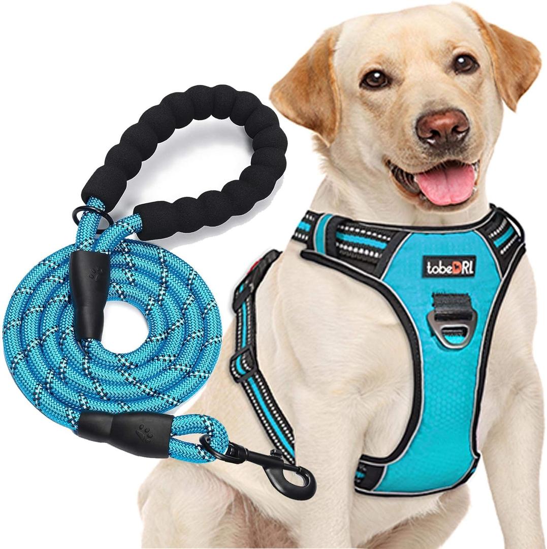 No Pull Dog Harness Adjustable Reflective Oxford Easy Control Large Dog Harness with A Free Heavy Duty 5ft Dog Leash, Large, Blue Harness+Leash