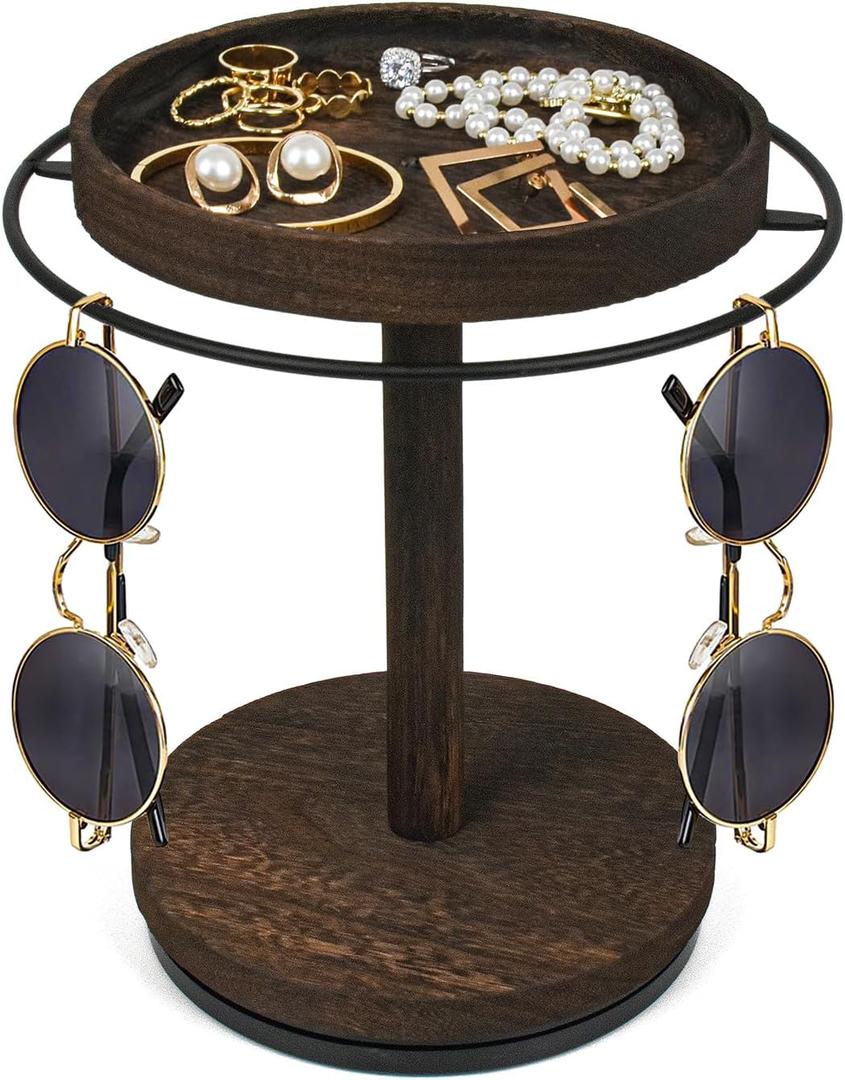 Sunglasses Organizer 360° Rotating Eyeglass Holder Stand with Wood Tray and Base, Eye Glass Display Rack for Multiple Sunglass Storage for Table Dresser Nightstand Desk, Brown