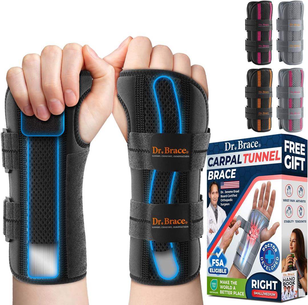DR. BRACE Adjustable Wrist Brace Night Support for Carpal Tunnel, Doctor Developed, Upgraded with Double Splint & Therapeutic Cushion,Hand Brace for Pain Relief,Injuries,Sprains (S/M Right Hand, Black)