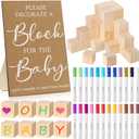 Tatuo 75 Pcs Baby Shower Games Sign Kit Including Decorate a Block Game Sign 50 DIY Wooden Block 24 Acrylic Paint Marker Baby Shower Prize for Gender Reveal Party(Kraft)