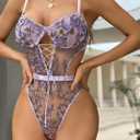 Women's Lace Up Front Floral Embroidered Teddy Lingerie Bodysuit Sexy Top Boudoir Outfit One Piece, XXL