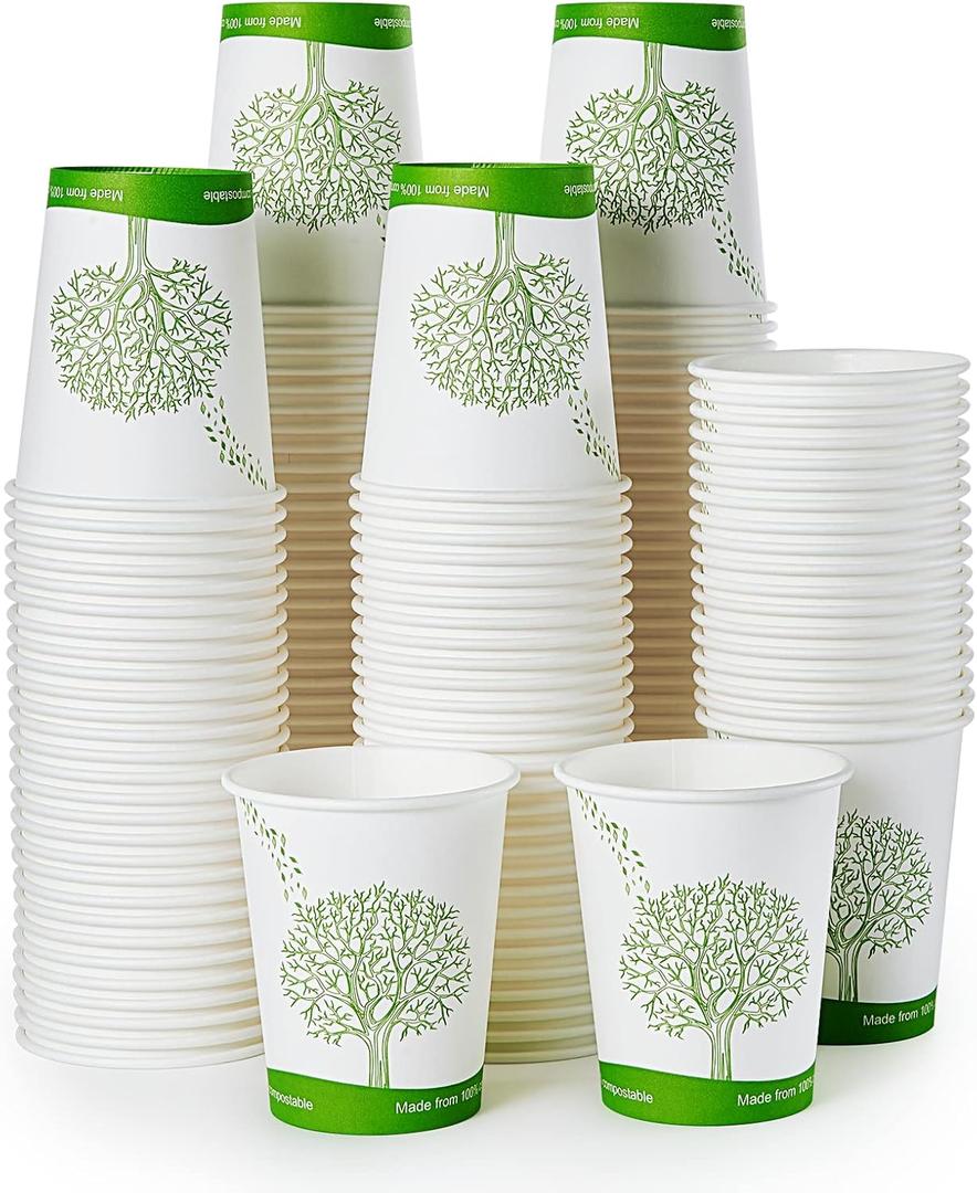 ECOLipak 300 Pack Compostable Paper Cups, 8 oz Biodegradable Disposable Paper Coffee Cups with PLA Lined, Eco-friendly Hot Drinking Cups for Party, Picnic, Travel, and Events