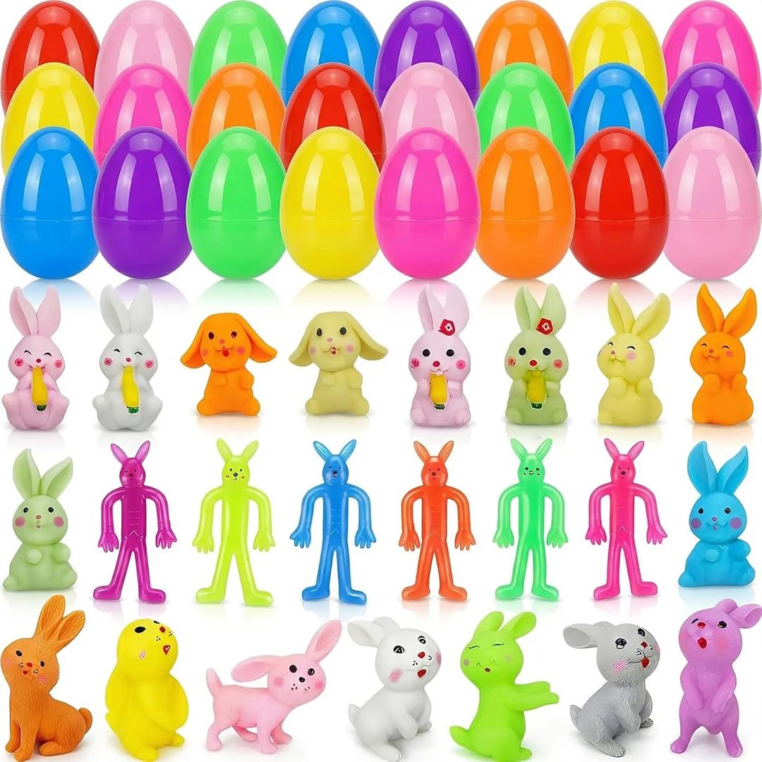 Menzcci 24 Pack Easter Bunny Party Favors Toys for Easter Basket Stuffers, Bunny Stretchy Toys Bunnies Decorations with 24 Pcs Plastic Easter Eggs for Kids Easter Egg Fillers Essentials Gifts
