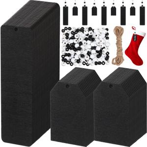 Blulu 261 Pcs Christmas Stocking Name Tags Blank Gift Wood Tags with Holes Wooden Bookmarks Natural Wood Beads Unfinished Wooden Beads with Rope for Garland DIY Crafts Party Decor(Black)