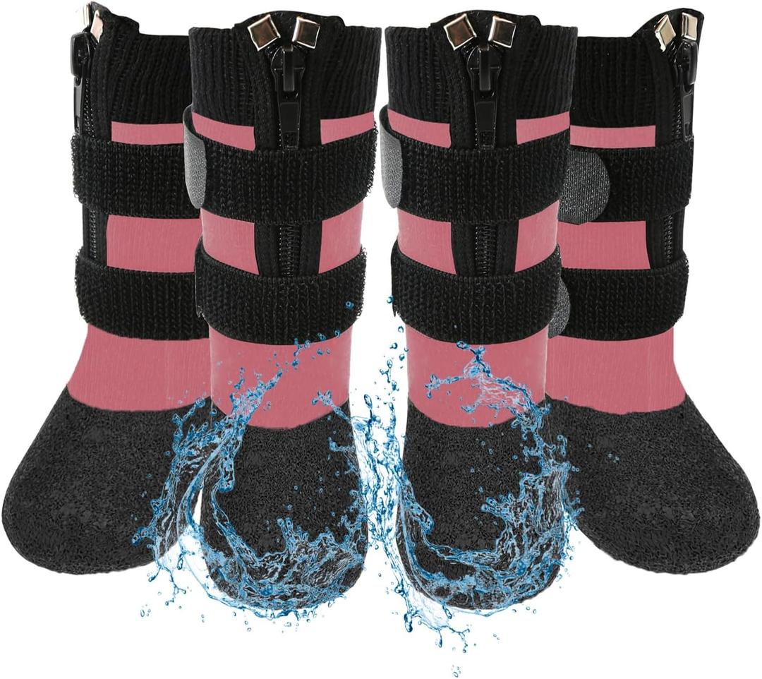 VALFRID Waterproof Grip Dog Shoes, Anti-Slip Dog Socks Boots, Zipper Dogs Booties Paw Protectors for Hardwood Floor, Indoor and Outdoor for Small Medium Large Dogs Pink (Size 6)