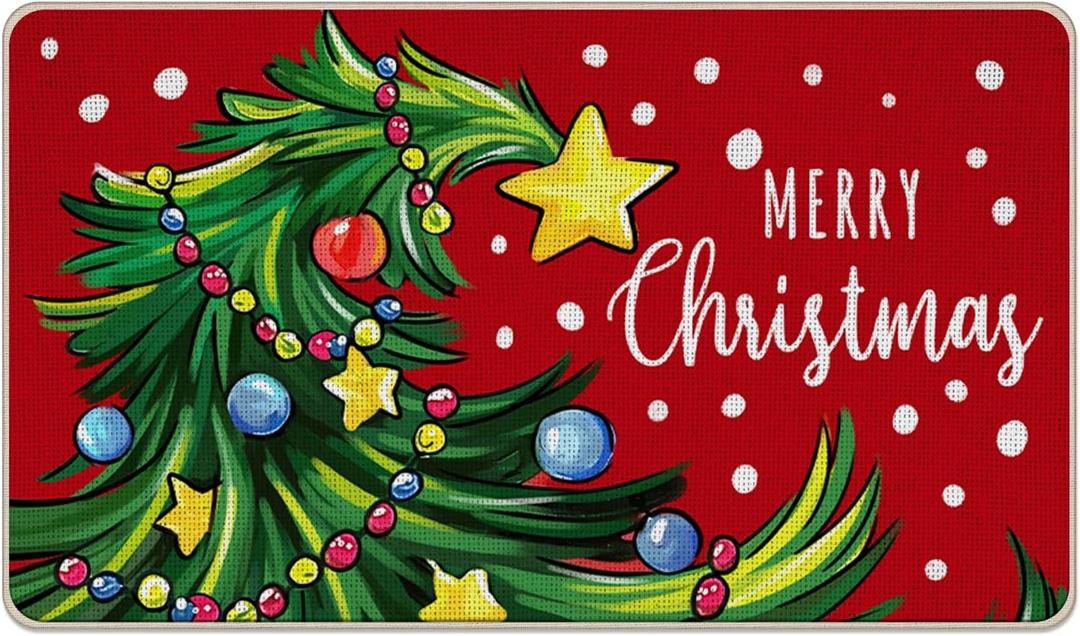 Livcoz Merry Christmas Tree Red Welcome Front Door Mat, Xmas Snowflake Decorative Doormat Non-Slip Floor Entryway Rug, Winter Holiday Indoor Outdoor Home Kitchen Decoration 17x29 Inches