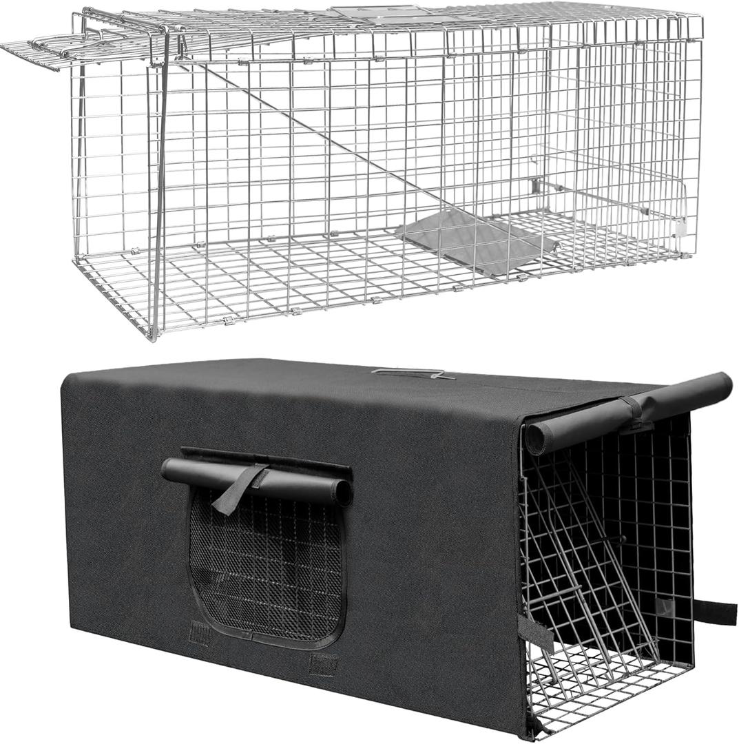 37" Live Animal Trap Cage with Cover, Heavy Duty Folding Raccoon Traps, Humane Cat Trap for Stray Cats, Raccoons, Squirrel, Skunk, Mole, Groundhog, Armadillo, Rabbit, Catch and Release