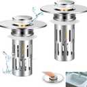 2 Pack Bathroom Sink Stopper for 1.06-1.50in, Universal Bathroom Sink Drain Pop Up Stopper with Hair Strainer, Universal Drain Filter for US Stainless Steel Floor Drain Filter (Silver)