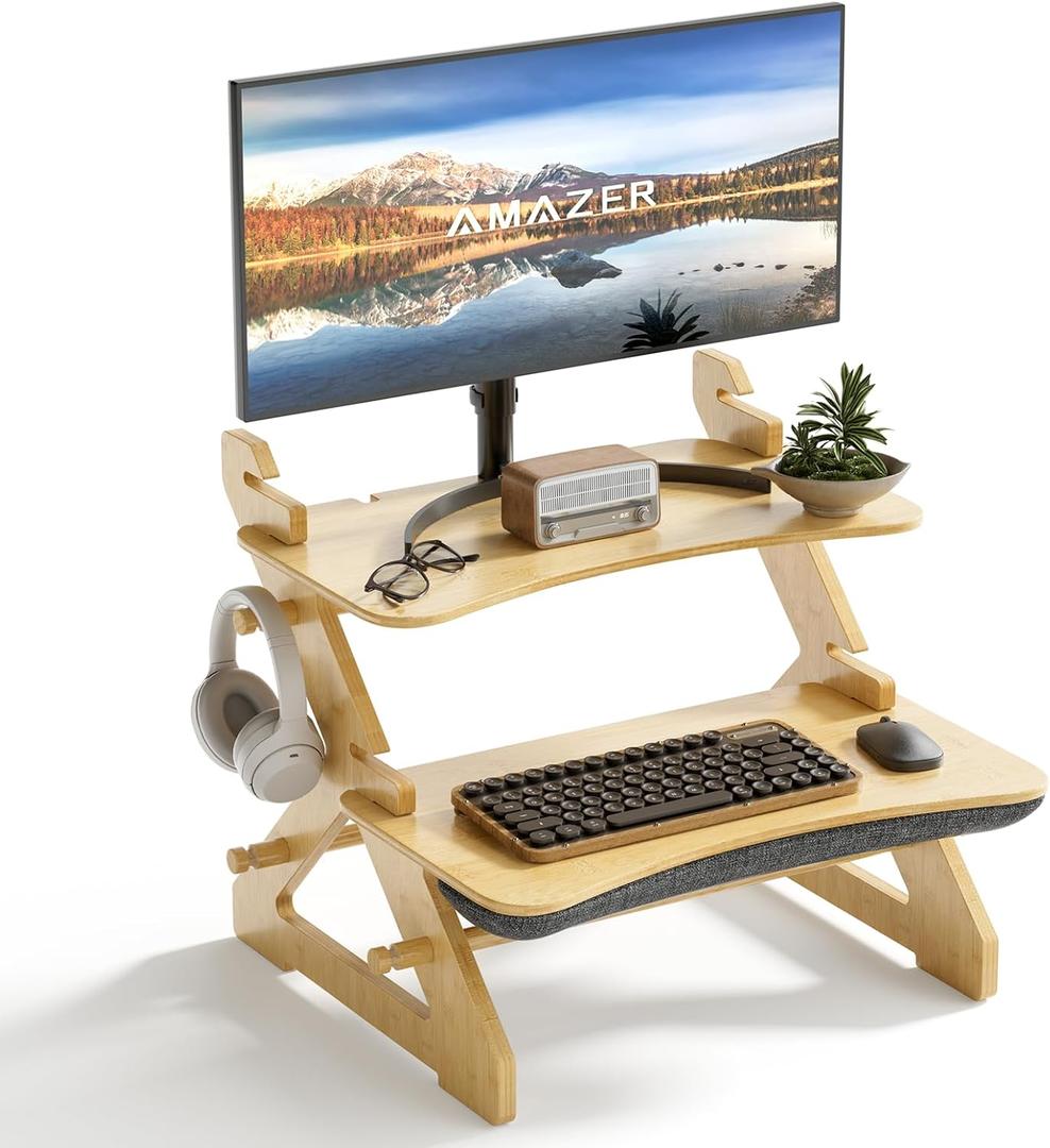Amazer Bamboo Standing Desk Converter, 22 inch Small Sit Stand Up Desk Riser Computer Desktop Desk Converter for Monitor and Laptop with Keyboard Tray